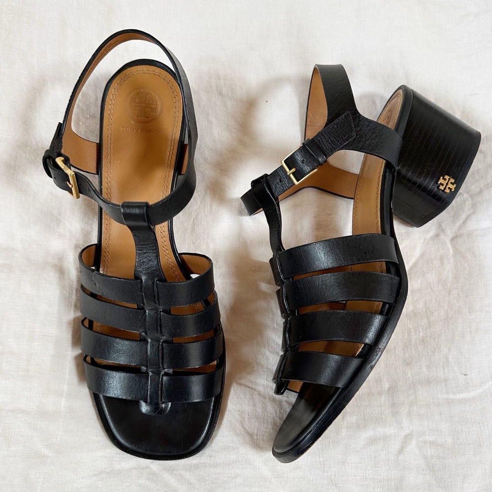 Tory Burch Black Leather Fisherman Block Heel Sandals Size 10